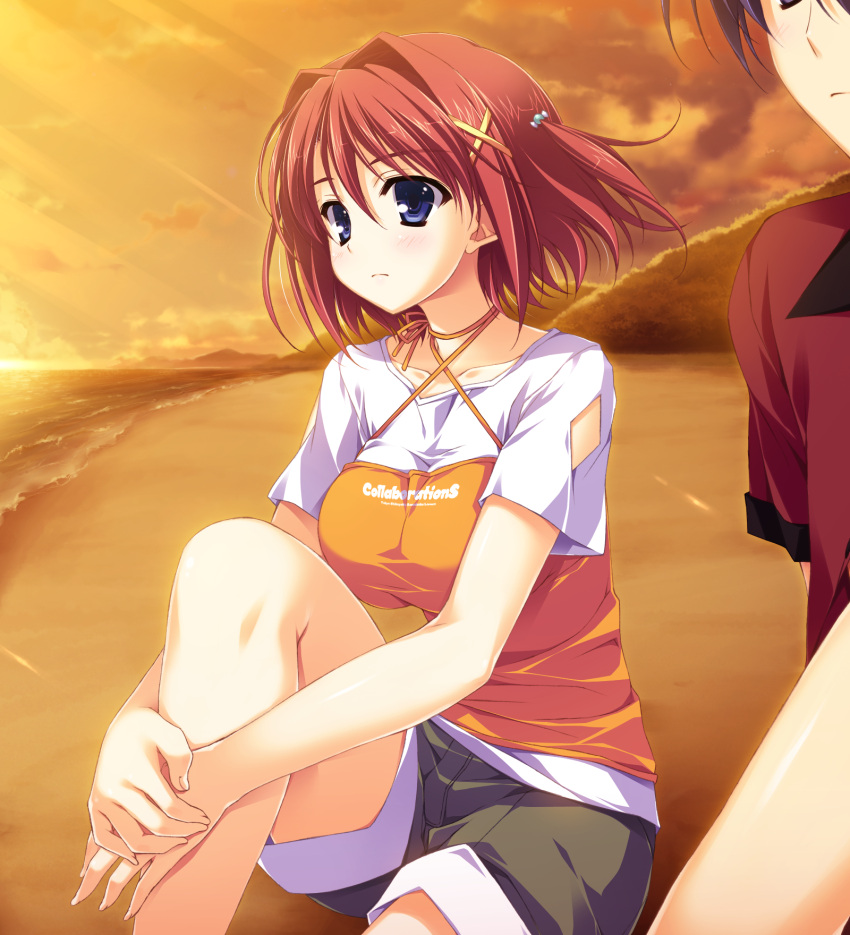 1boy alpha_(yukai_na_nakamatachi) arm_cutout beach blue_eyes closed_mouth collarbone criss-cross_halter dusk female game_cg green_shorts hair_between_eyes hair_intakes hair_ornament halterneck highres kourin_no_machi_lavender_no_shoujo medium_hair ocean orange_shirt red_hair shirt short_shorts short_sleeves shorts sitting sky sunlight suzuki_haruka_(kourin_no_machi_lavender_no_shoujo) white_shirt x_hair_ornament yellow_sky