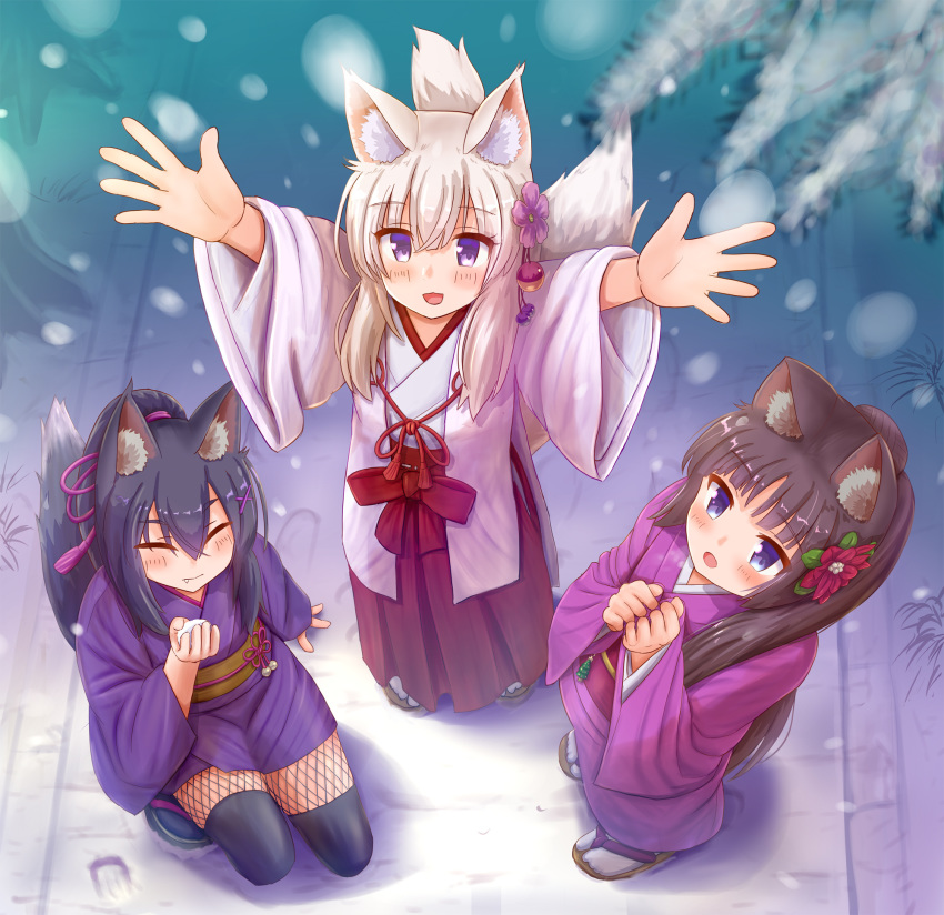 3girls :d animal_ear_fluff animal_ears arms_up black_hair black_legwear blush brown_footwear cat_ears commentary_request fishnet_pantyhose fishnets flower folded_ponytail fox_ears fox_girl fox_tail from_above grey_hair hair_between_eyes hair_flower hair_ornament hairclip hakama hakama_skirt highres iroha_(iroha_matsurika) japanese_clothes kimono koyoi_(iroha_(iroha_matsurika)) kunoichi-chan_(iroha_(iroha_matsurika)) long_hair long_sleeves looking_at_viewer looking_up miko multiple_girls mutsuki_(iroha_(iroha_matsurika)) obi open_mouth original outdoors outstretched_arms pantyhose ponytail purple_eyes purple_kimono red_flower red_hakama sandals sash skirt smile snow snowing socks squatting tabi tail thighhighs tree white_kimono white_legwear wide_sleeves x_hair_ornament zouri