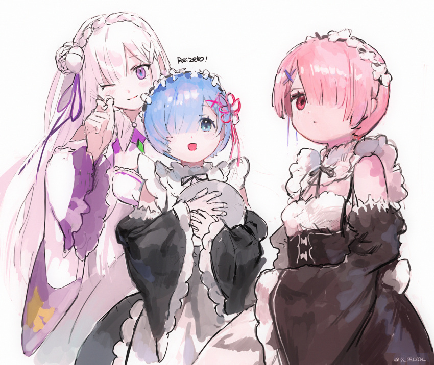 3girls :d ;) artist_name black_dress black_ribbon blue_eyes blue_hair commentary copyright_name detached_sleeves dotori_(seulseul) dress emilia_(re:zero) frills grey_hair hair_ornament hair_over_one_eye hair_ribbon highres holding holding_tray long_hair looking_at_viewer maid multiple_girls neck_ribbon one_eye_closed open_mouth pale_skin pink_hair pink_ribbon ram_(re:zero) re:zero_kara_hajimeru_isekai_seikatsu rem_(re:zero) ribbon roswaal_mansion_maid_uniform short_hair siblings simple_background sisters smile tray twins white_background white_dress white_hair wide_sleeves x_hair_ornament