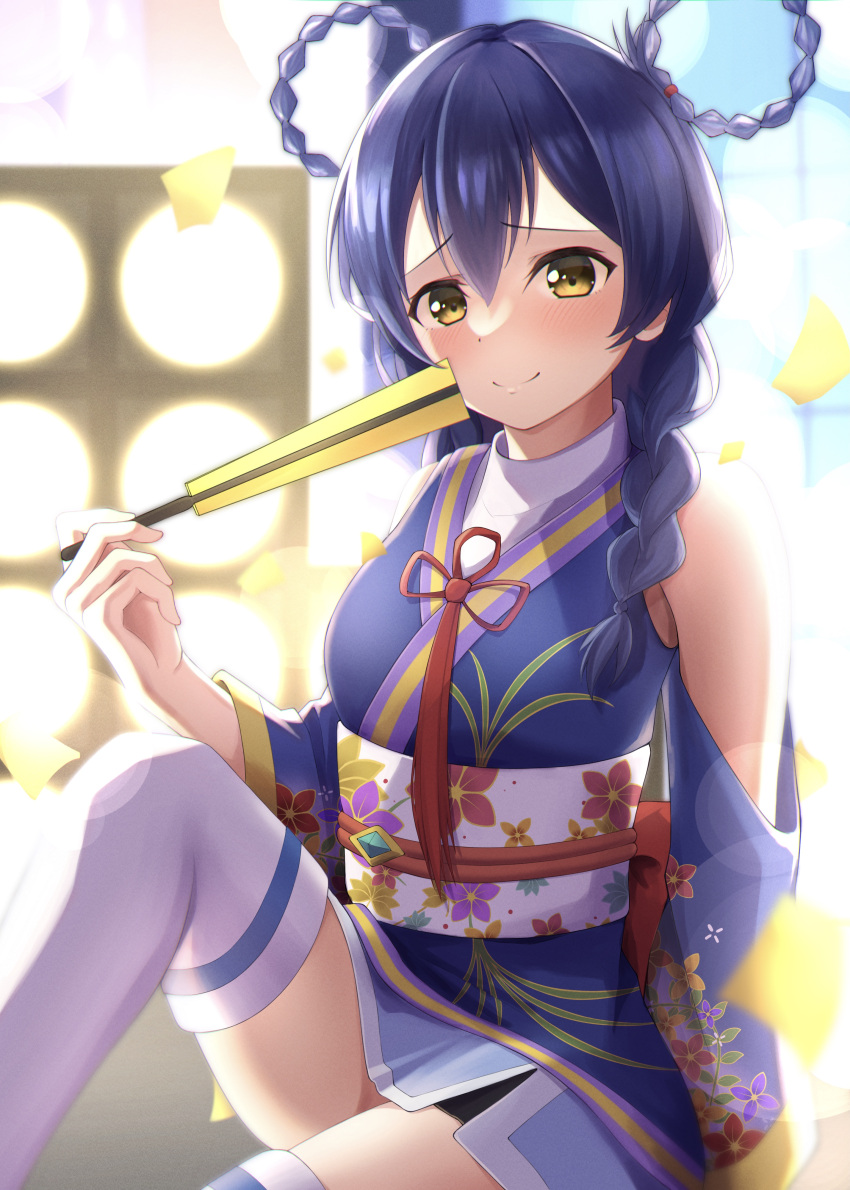 absurdres angelic_angel blue_hair blue_kimono braid braided_hair_rings detached_sleeves female floral_print flower_knot folding_fan hair_between_eyes hair_rings hand_fan highres holding holding_fan japanese_clothes kimono long_hair looking_at_viewer love_live! love_live!_school_idol_project obijime samesuke_(315samesuke) sash sitting smile solo sonoda_umi thighhighs twin_braids white_thighhighs yellow_eyes