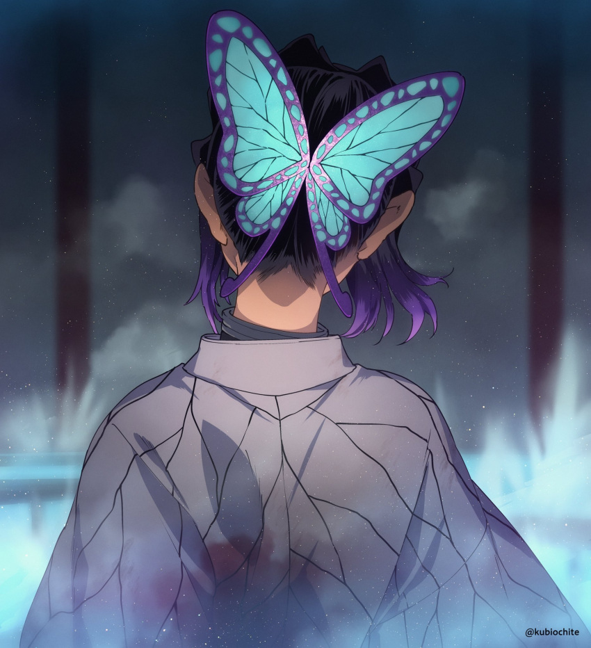 artist_name blurry butterfly_hair_ornament dalc_rose demon_slayer_uniform depth_of_field female from_behind hair_ornament haori highres japanese_clothes kimetsu_no_yaiba kochou_shinobu nape purple_hair short_hair solo twitter_username upper_body