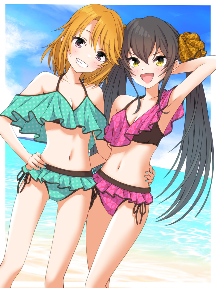 2girls :d arm_behind_head armpits bare_legs beach bikini blonde_hair blue_bikini blue_nails blue_sky border breasts brown_eyes brown_hair cleavage collarbone day grin hand_on_another's_hip hand_on_own_hip haua highres idolmaster idolmaster_cinderella_girls long_hair looking_at_viewer matoba_risa multiple_girls nail_polish navel ocean outdoors outside_border pink_bikini polka_dot polka_dot_bikini print_bikini side-tie_bikini_bottom sky small_breasts smile standing swimsuit twintails very_long_hair white_border yellow_eyes yuuki_haru