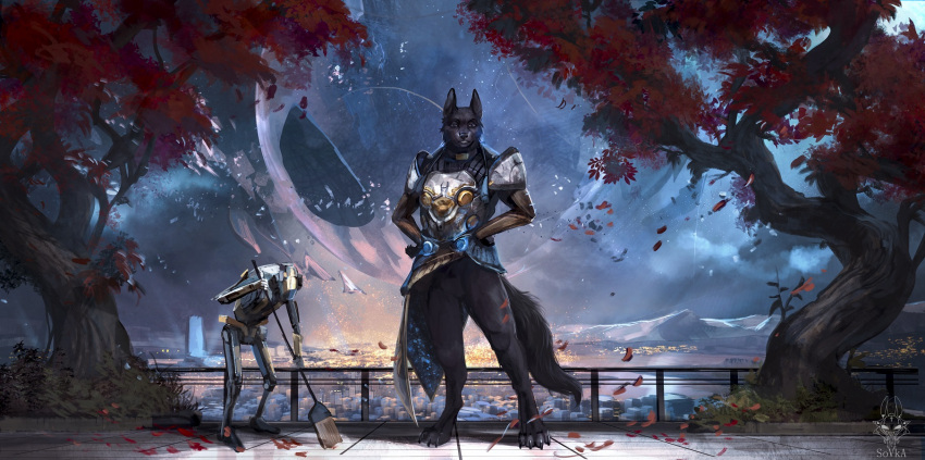 armor black_body black_fur canid canine canis city cleaner dark_eyes destiny_(video_game) destiny_2 drawing_sofa fur hi_res leaf machine male mammal moon plant robot solo space tree wolf