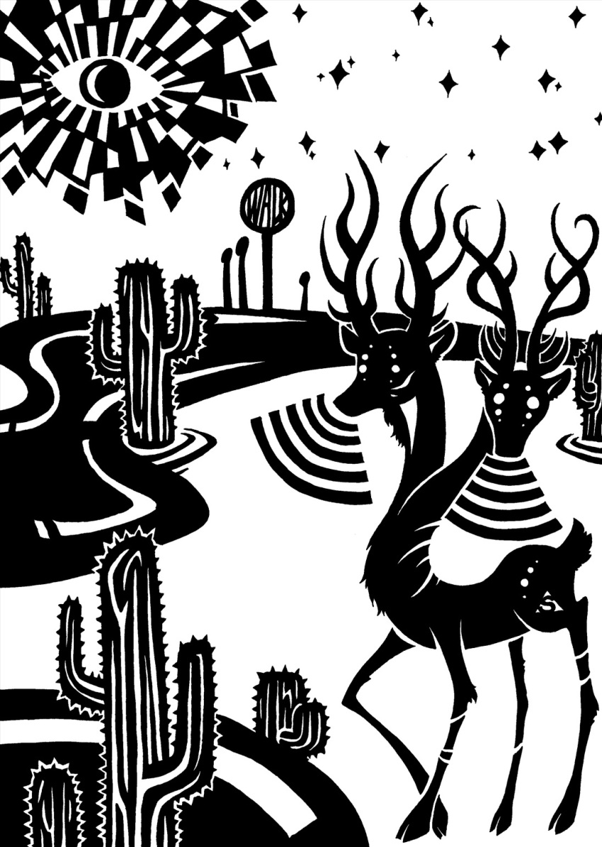 16_eyes 2014 2_heads 2_horns 4_horns 8_eyes ambiguous_gender antlers bent_leg black_and_white black_text cactus character_request cloven_hooves desert digital_drawing_(artwork) digital_media_(artwork) disembodied_eyes english_text feral fur hi_res hooves horn long_neck monochrome multi_eye multi_head multi_horn plant pupils quadruped restricted_palette road scut_tail short_tail silhouette simple_background sky solo sound_wave standing star starry_sky street_sign sunnyclockwork tail text welcome_to_night_vale white_background