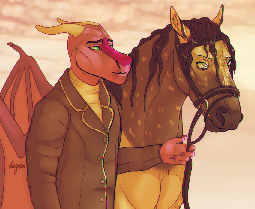 andalusian_horse anthro bit_gag clothed clothing coat diegson dragon dress_shirt duo equid equine european_mythology feral gag green_eyes hi_res horn horse leading male mammal mane mythological_creature mythological_scalie mythology nate_(nateekat) purple_body purple_wings scales scalie shirt simple_background tomas_(nateekat) topwear western western_dragon wings