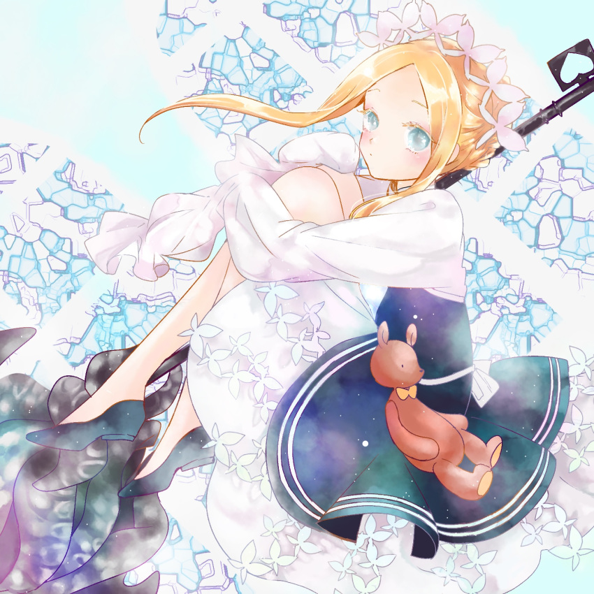 abigail_williams_(fate) abigail_williams_(festival_outfit)_(fate) alternate_costume asa_(1asa-0-asa1) bad_id bad_pixiv_id black_footwear black_skirt blonde_hair bloomers blue_eyes blush braid breasts dress enmaided fate/grand_order fate_(series) female forehead french_braid highres hugging_own_legs keyhole knees_up layered_skirt long_hair looking_at_viewer maid maid_headdress mop official_alternate_costume parted_bangs sash sidelocks skirt sleeves_past_fingers sleeves_past_wrists small_breasts stuffed_animal stuffed_toy teddy_bear underwear very_long_hair white_bloomers white_dress