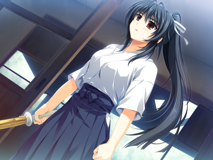 alpha_(yukai_na_nakamatachi) antenna_hair black_hair closed_eyes dutch_angle female floating_hair game_cg grey_hakama hair_between_eyes hair_ribbon hakama highres holding holding_sword holding_weapon indoors japanese_clothes kimono kourin_no_machi_lavender_no_shoujo long_hair ponytail ribbon sakuragi_hikaru shinai solo sword very_long_hair weapon white_kimono white_ribbon