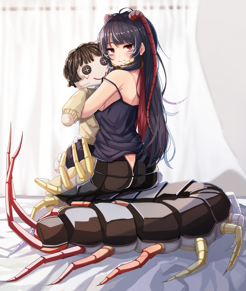 absurdres ahoge arthropod_girl arthropod_limbs ass bags_under_eyes bare_shoulders bed_sheet black_hair blush breasts button_eyes buttons camisole centipede_girl closed_curtains closed_mouth crying crying_with_eyes_open curtains doll emukae_kaede_(plan) female from_behind full_body highres hugging_object indoors long_hair looking_at_viewer looking_back medium_breasts monster_girl on_bed original plan_(planhaplalan) red_eyes sideboob sitting smile solo straight_hair strap_slip tears very_long_hair