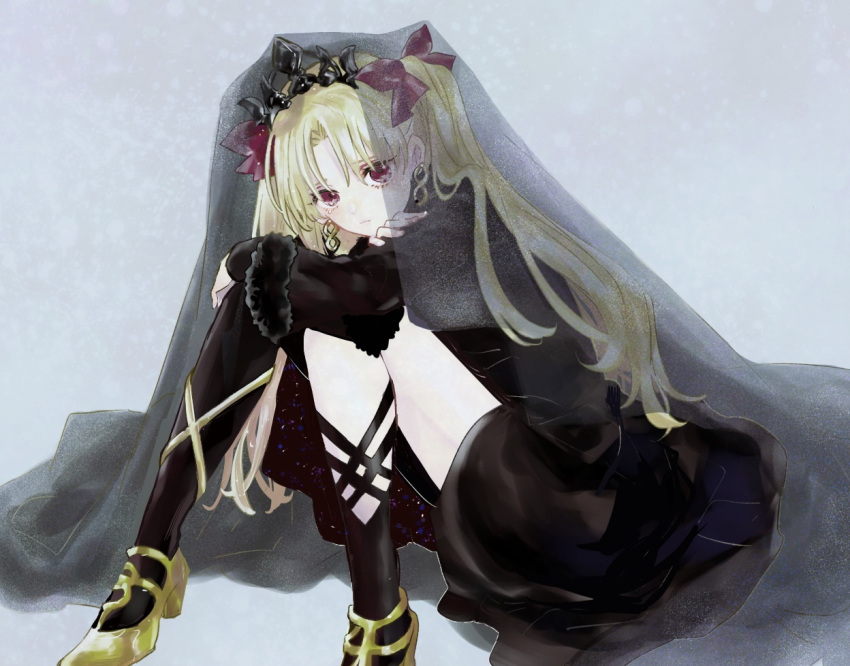 adapted_costume arms_on_knees asa_(1asa-0-asa1) asymmetrical_legwear bad_id bad_pixiv_id black_dress black_pantyhose black_socks blonde_hair crossed_arms dress earrings ereshkigal_(fate) ereshkigal_(third_ascension)_(fate) fate/grand_order fate_(series) female fur-trimmed_sleeves fur_trim furrowed_brow gold_footwear gold_trim hair_ribbon hand_on_own_arm high_heels infinity_symbol jewelry knees_up long_hair long_legs long_sleeves looking_at_viewer looking_to_the_side pantyhose parted_bangs pumps red_eyes ribbon single_leg_pantyhose single_sock sitting socks solo thighs tiara two_side_up uneven_legwear veil