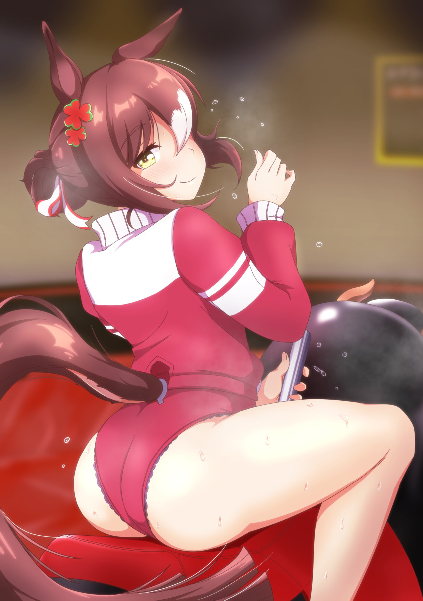 absurdres animal_ears ass blurry blurry_background blush brown_hair buruma clover_hair_ornament commentary_request commission female fine_motion_(umamusume) folded_ponytail four-leaf_clover_hair_ornament frilled_panties frills hair_bun hair_ornament highres horse_ears horse_girl horse_tail jacket long_sleeves looking_at_viewer looking_back mechanical_bull multicolored_hair panties panties_under_buruma red_buruma red_jacket shiodanx short_hair skeb_commission smile solo steaming_body streaked_hair sweat tail tail_through_clothes thighs tracen_training_uniform track_jacket umamusume underwear white_hair