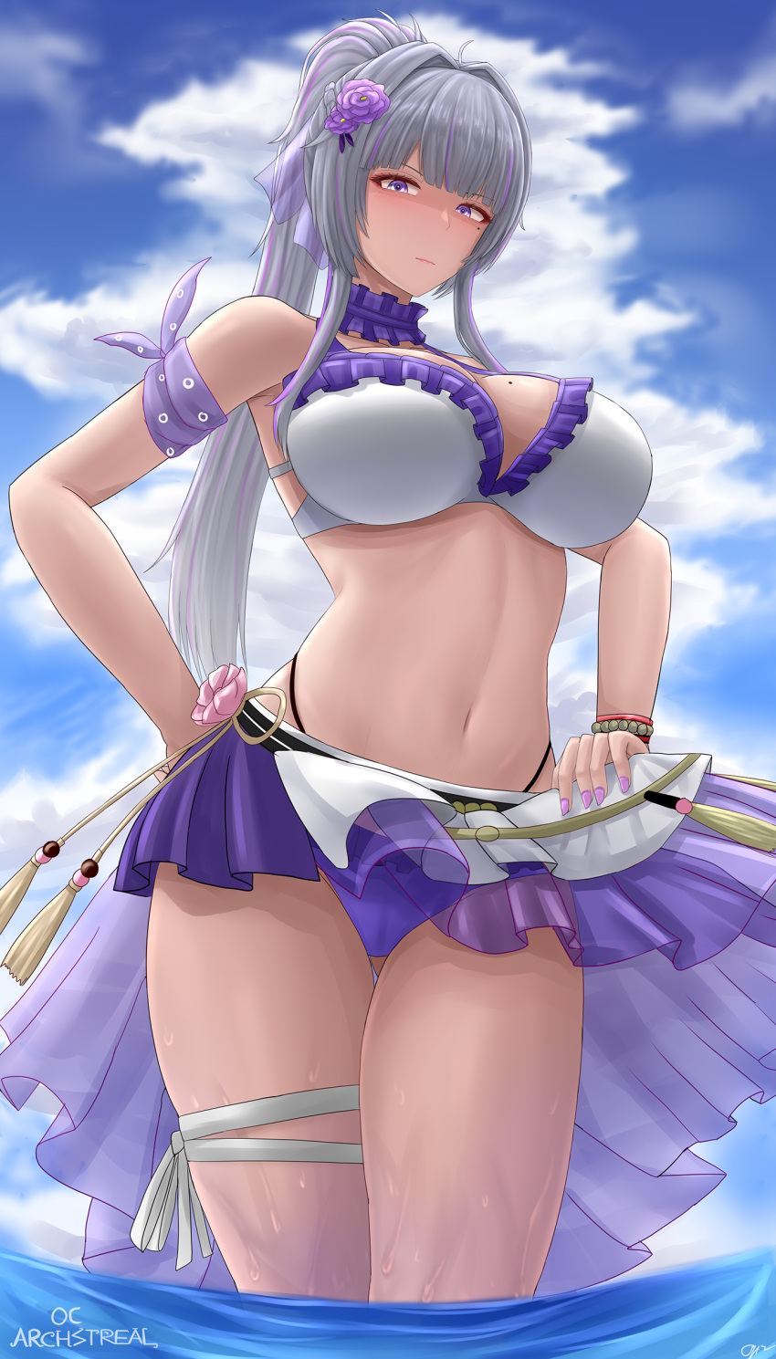 absurdres archstreal bare_shoulders bikini blue_sky blush breasts cleavage closed_mouth collarbone female grey_hair hair_ornament highres large_breasts long_hair looking_at_viewer mole mole_on_breast nail_polish navel original outdoors ponytail purple_eyes purple_nails sky solo swimsuit thigh_strap thighs tower_of_fantasy wanderer_(tower_of_fantasy) water white_bikini