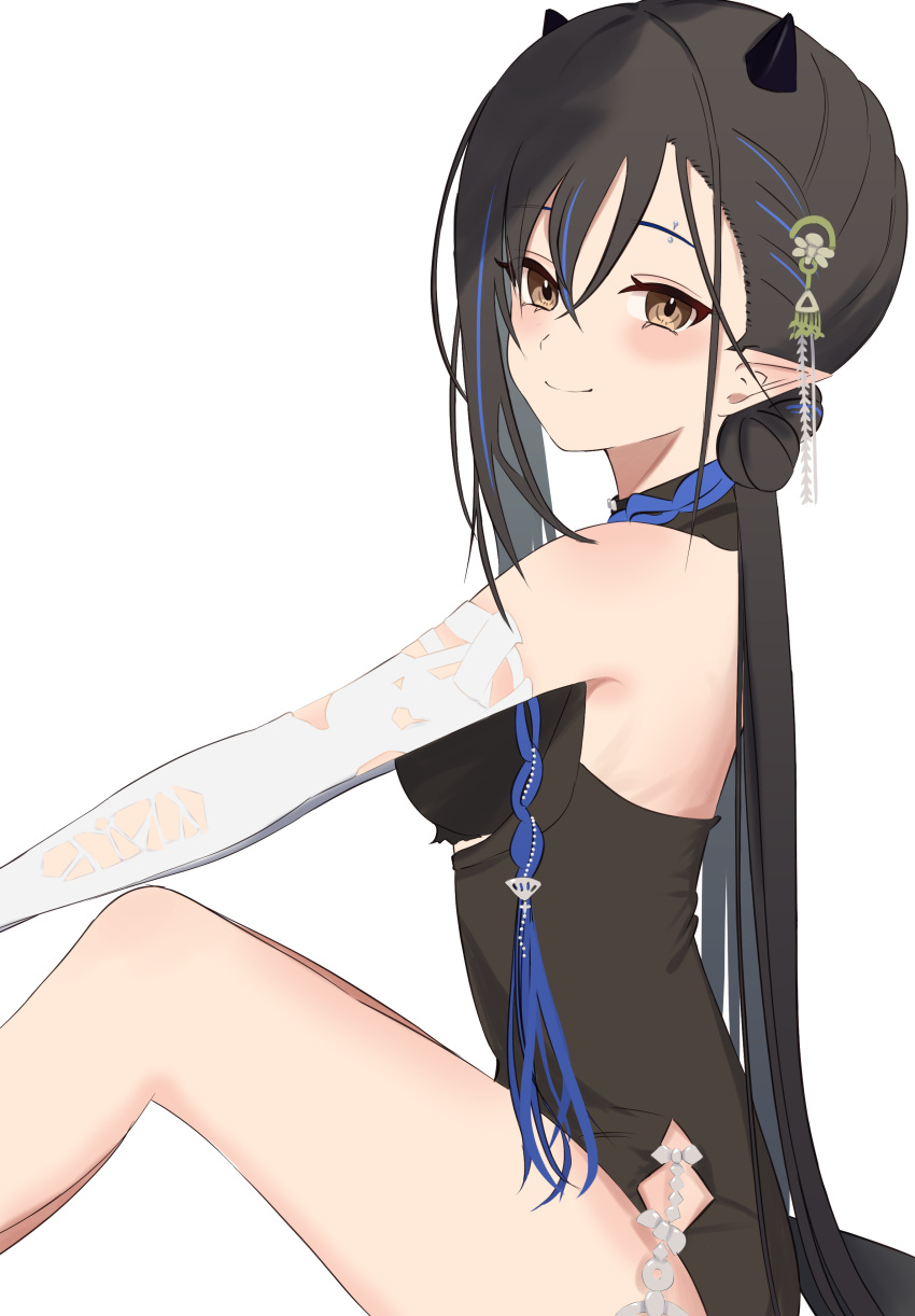 absurdres arknights bare_shoulders binware black_hair black_one-piece_swimsuit blacknight_(arknights) blacknight_(summer_flower)_(arknights) blue_hair blush brown_eyes casual_one-piece_swimsuit closed_mouth elbow_gloves feet_out_of_frame female from_side gloves highres horns knees_up long_hair looking_at_viewer looking_to_the_side multicolored_hair official_alternate_costume one-piece_swimsuit pointy_ears sitting smile solo swimsuit two-tone_hair very_long_hair white_gloves