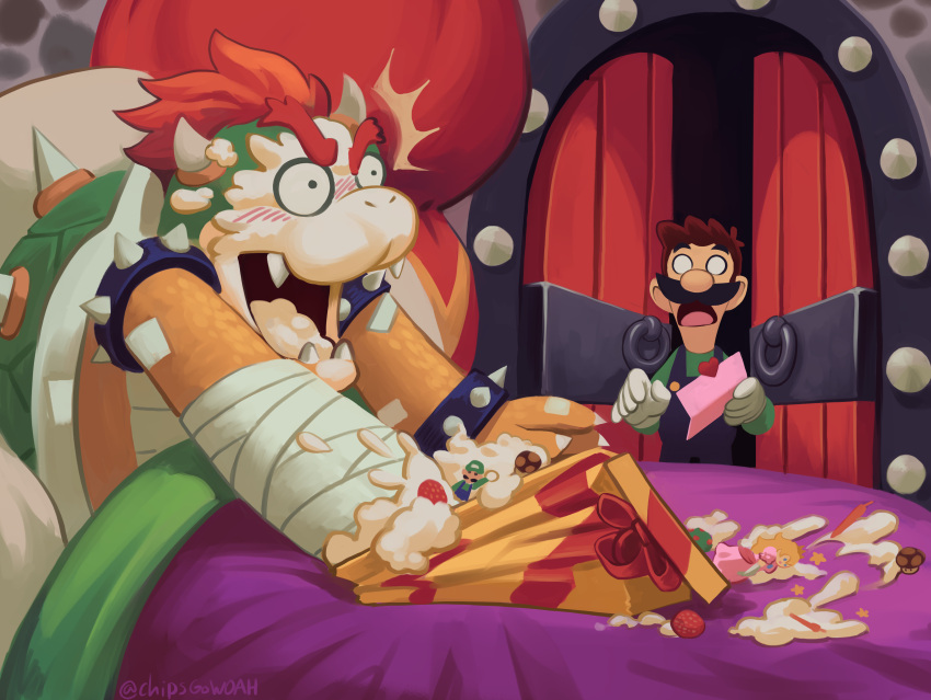 absurd_res anthro bed bedroom blush bowser bystander cake castle_wall chipsgowoah dessert duo eating eating_food food food_on_face furniture gift heart_symbol hi_res human humiliation koopa letter luigi male mammal mario_and_luigi_(series) mario_bros messy nintendo o_o open_door prank reptile scalie shocked solo_focus turtle under_covers watermark