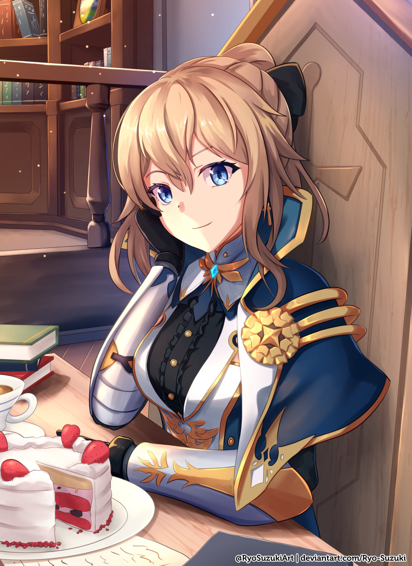 absurdres arm_guards arm_on_table black_bow black_gloves black_shirt blonde_hair blue_capelet blue_eyes bow cake capelet coffee cup elbow_on_table elbow_rest female food fruit genshin_impact gloves hair_between_eyes hairbow head_rest highres jean_(genshin_impact) jean_(gunnhildr's_legacy)_(genshin_impact) long_hair looking_at_viewer office official_alternate_costume on_chair ponytail ryo-suzuki saucer shirt sitting smile solo strawberry teacup