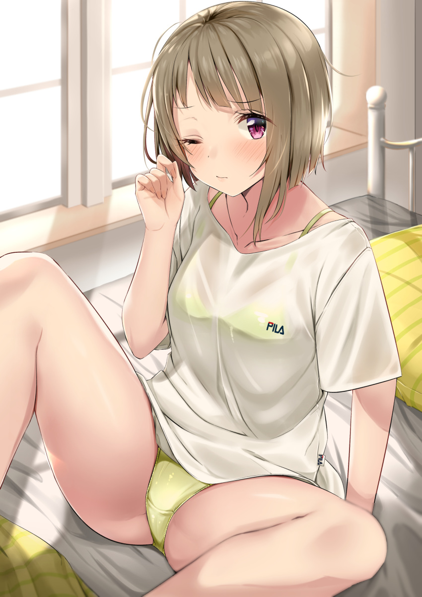 absurdres bare_legs bed bed_sheet blanket bra brown_hair closed_mouth commentary_request female highres indoors kitaku_(nakamachi_machi) love_live! love_live!_nijigasaki_high_school_idol_club love_live!_school_idol_festival_all_stars medium_hair nakasu_kasumi one_eye_closed panties pillow purple_eyes see-through shirt short_sleeves sitting solo spread_legs thighs underwear white_shirt window yellow_bra yellow_panties