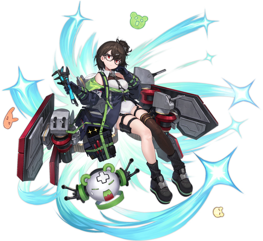 asymmetrical_legwear azur_lane bare_shoulders breasts brown_hair coat female full_body glasses hair_ornament hairclip highres ingraham_(azur_lane) looking_at_viewer medium_breasts messy_hair nagu off_shoulder official_art open_clothes open_coat red_eyes solo transparent_background wrench