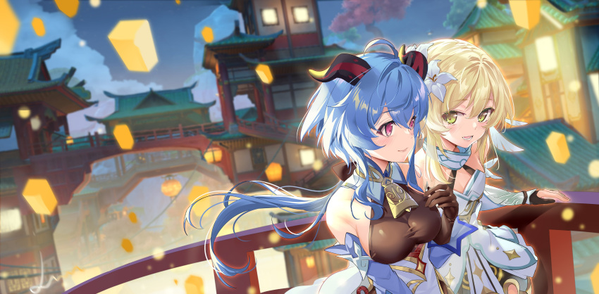 2girls absurdres ahoge bare_shoulders bell black_gloves blonde_hair blue_hair breasts building detached_sleeves dress feather_hair_ornament feathers flower ganyu_(genshin_impact) genshin_impact gloves gold_trim hair_flower hair_ornament highres horns kikimi lantern long_hair lumine_(genshin_impact) medium_breasts multiple_girls neck_bell night purple_eyes smile white_dress white_flower white_sleeves