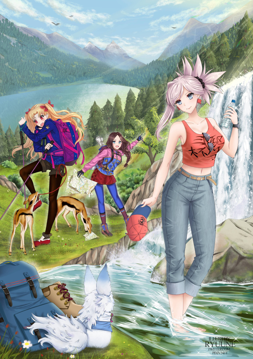 3girls absurdres animal artist_name backpack bag bare_shoulders barefoot belt blonde_hair blue_eyes blue_jacket blue_pants blue_pantyhose blue_sky blush boots bottle breasts brown_hair brown_pantyhose brown_shorts capri_pants chaldea_logo cleavage closed_mouth collarbone contemporary day deer denim earrings ereshkigal_(fate) ereshkigal_(traveling_outfit)_(fate) fate/grand_order fate_(series) forehead forest fou_(fate) highres jacket jeans jewelry koyama_hirokazu_(style) lake landscape large_breasts leonardo_da_vinci_(fate) leonardo_da_vinci_(rider)_(fate) leonardo_da_vinci_(traveling_outfit)_(fate) light_rays long_hair long_sleeves map midriff miyamoto_musashi_(fate) miyamoto_musashi_(traveling_outfit)_(fate) multicolored_clothes multicolored_jacket multiple_girls nature navel open_mouth outdoors pants pantyhose parody parted_bangs pine_tree pink_hair pink_jacket ponytail red_eyes red_tank_top river ryuuneart scenery shoes shorts ski_pole sky smile soaking_feet sparkle style_parody sunbeam sunlight swept_bangs tank_top tree two-tone_jacket two_side_up unworn_boots unworn_shoes wading water water_bottle waterfall