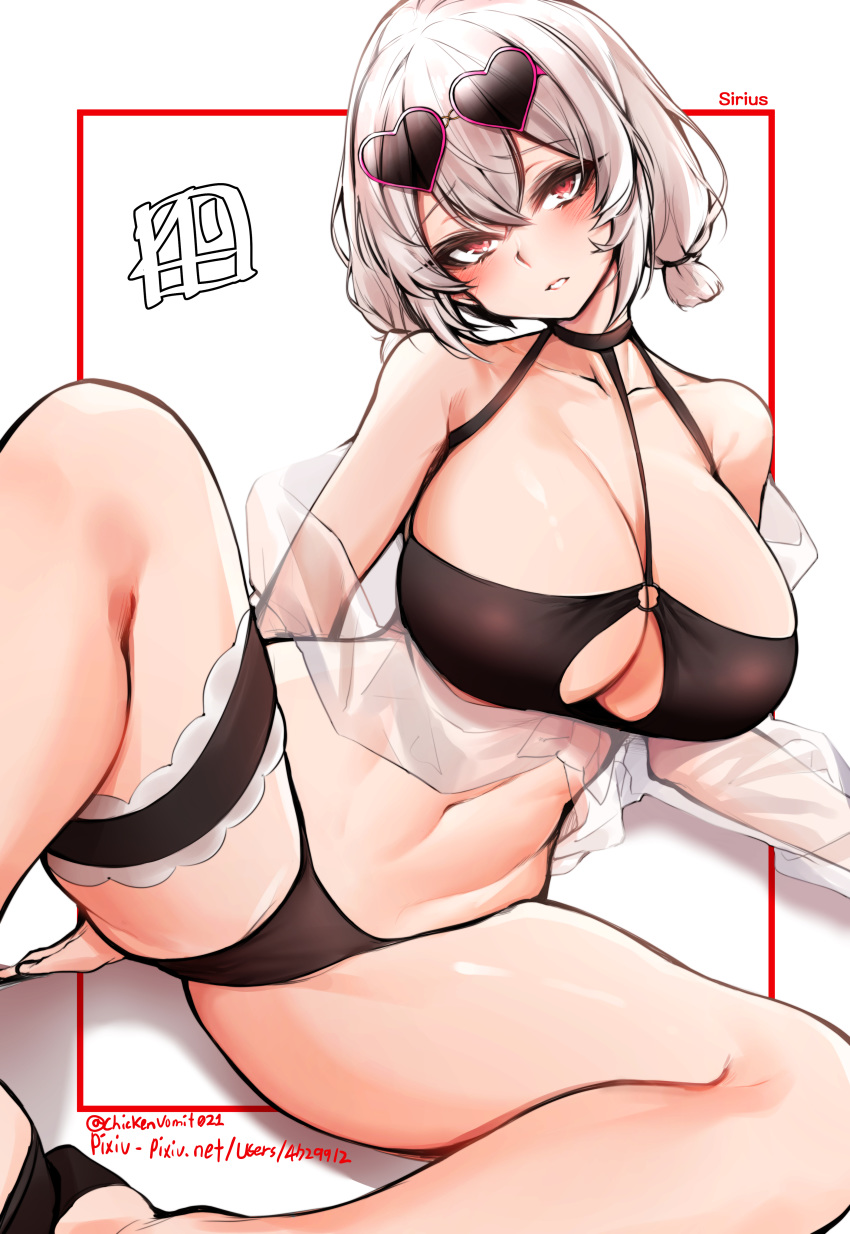 absurdres arm_support azur_lane bikini black_bikini blush breasts character_name chickenvomit choker cleavage collarbone commentary_request crossed_bangs eyewear_on_head female hair_between_eyes head_tilt heart heart-shaped_eyewear highres large_breasts looking_at_viewer lying navel o-ring o-ring_top off_shoulder official_alternate_costume on_side parted_lips pixiv_username red_eyes see-through short_hair short_twintails sirius_(azur_lane) sirius_(scorching-hot_seirios)_(azur_lane) smile solo spread_legs sunglasses swimsuit thigh_strap thighs twintails twitter_username white_hair