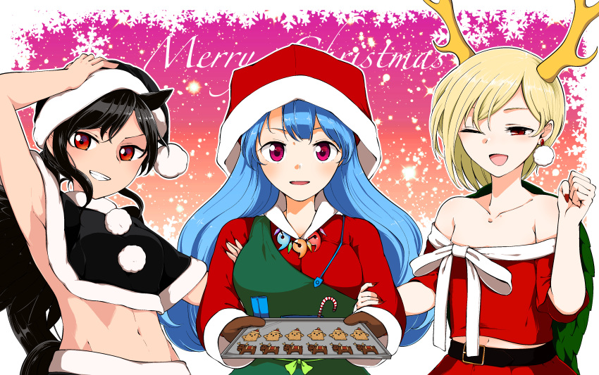 3girls absurdres animal_ears antlers apron armpits belt black_capelet black_hair black_headwear black_santa_costume black_tail black_wings blonde_hair blue_hair blush bow candy candy_cane capelet chisel christmas collarbone commentary cookie dragon_girl dragon_horns dragon_tail dress earrings english_text feathered_wings food green_apron hand_on_headwear haniwa_(statue) haniyasushin_keiki happy hat highres horns horse_ears horse_tail jewelry kaisenpurin kicchou_yachie kurokoma_saki long_hair magatama magatama_necklace merry_christmas midriff midriff_peek mittens multiple_girls navel necklace off-shoulder_shirt off_shoulder one_eye_closed open_mouth pegasus_wings purple_eyes red_dress red_eyes red_headwear red_shirt red_skirt santa_costume santa_hat shirt short_hair single_strap skirt tail touhou tray turtle_shell upper_body white_bow wings