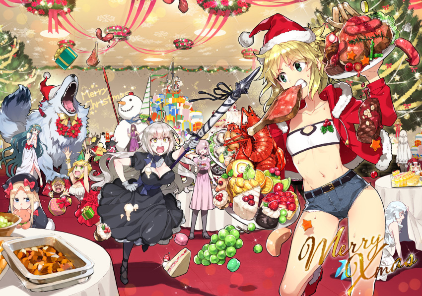 6+girls abigail_williams_(fate) altera_(fate) arjuna_(fate) artemis_(fate) artoria_pendragon_(fate) atalanta_(fate) blonde_hair boned_meat braid cake caladbolg_(fate) chacha_(fate) child_gilgamesh_(fate) christmas christmas_tree cleopatra_(fate) commentary_request crop_top cu_chulainn_(fate) cu_chulainn_(fate/stay_night) cutoffs denim denim_shorts fate/grand_order fate_(series) fergus_mac_roich_(fate) flagpole food fruit gae_bolg_(fate) gaius_julius_caesar_(fate) gift gilgamesh_(fate) grapes hassan_of_the_cursed_arm_(fate) hat hessian_(fate) ibaraki_douji_(fate) jack_the_ripper_(fate/apocrypha) jeanne_d'arc_alter_(avenger)_(fate) jeanne_d'arc_alter_(fate) jeanne_d'arc_alter_santa_lily_(fate) karna_(fate) leonidas_(fate) lobo_(fate) lobster long_hair macaron mash_kyrielight meat merry_christmas micro_shorts mordred_(fate) mordred_(fate/apocrypha) mordred_(memories_at_trifas)_(fate) multiple_girls nero_claudius_(fate) nero_claudius_(fate/extra) nursery_rhyme_(fate) orion_(bear)_(fate) paul_bunyan_(fate) polearm ponytail rama_(fate) redrop saber_(fate) sandwich santa_alter santa_hat scathach_(fate) scheherazade_(fate) shorts snowman spartacus_(fate) spear strapless table tube_top weapon white_hair