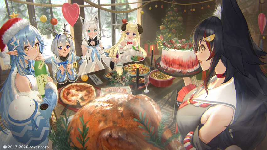 5girls absurdres amane_kanata amane_kanata_(1st_costume) animal_ears black_hair blonde_hair blue_hair bottle braid cake choker christmas christmas_tree commentary_request copyright_notice curled_horns daifuku_(yukihana_lamy) dated detached_sleeves drink elf food fox_ears fox_girl glass green_eyes grey_hair hair_ornament hat highres holding holding_bottle hololive horns indoors long_hair looking_at_another meat multicolored_hair multiple_girls navel ookami_mio ookami_mio_(1st_costume) pizza pointy_ears purple_eyes red_choker red_hair red_headwear santa_hat sheep_horns shirakami_fubuki short_hair single_braid smile snow streaked_hair table takubon tsunomaki_watame tsunomaki_watame_(1st_costume) virtual_youtuber white_hair wolf_ears wolf_girl yellow_eyes yukihana_lamy yukihana_lamy_(1st_costume)