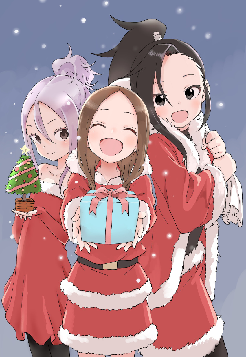 3girls :d ^_^ absurdres bare_shoulders belt black_belt black_eyes black_hair black_pantyhose blue_background blush box brown_eyes brown_hair christmas christmas_tree closed_eyes closed_mouth collarbone cowboy_shot creator_connection crossover dress elbow_gloves facing_viewer fingerless_gloves forehead fur-trimmed_dress fur-trimmed_jacket fur-trimmed_shirt fur-trimmed_skirt fur-trimmed_sleeves fur_trim gift gift_box gloves hair_between_eyes high_ponytail highres holding holding_gift holding_sack jacket karakai_jouzu_no_takagi-san kunoichi_tsubaki_no_mune_no_uchi long_sleeves looking_at_viewer multiple_girls official_art open_clothes open_jacket open_mouth outstretched_arms pantyhose parted_bangs ponytail purple_hair red_dress red_gloves red_jacket red_shirt red_skirt sack santa_costume shirt skirt smile snow snowing soredemo_ayumu_wa_yosetekuru standing strapless strapless_dress takagi-san tsubaki_(kunoichi_tsubaki_no_mune_no_uchi) wide_sleeves yamamoto_souichirou yaotome_urushi