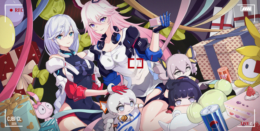 2girls absurdres ai-chan_(honkai_impact) animal_ears blue_eyes blue_gloves braid braided_ponytail breasts bronya_zaychik bronya_zaychik_(yamabuki_armor) bupa_chila camera can cleavage closed_mouth doll drink_can food fox_ears fruit gift gloves hair_between_eyes hair_ornament headphones headphones_around_neck highres holding homei_(honkai_impact) homu_(honkai_impact) honkai_(series) honkai_impact_3rd kallen_kaslana kallen_kaslana_(ritual_imayoh) kiana_kaslana kiana_kaslana_(white_comet) long_hair looking_at_viewer multiple_girls party pink_hair purple_eyes raiden_mei raiden_mei_(crimson_impulse) red_gloves see-through see-through_shirt seiza shirt sitting smile soda_can strawberry viewfinder white_hair yae_sakura yae_sakura_(goushinnso_memento)