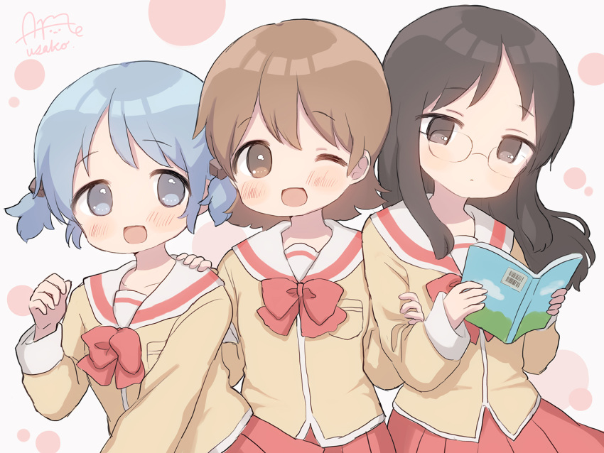 3girls ;d aioi_yuuko ame_usako banned_artist black_hair blue_eyes blue_hair blush bow brown_eyes brown_hair brown_skirt commentary_request girl_sandwich glasses grey_background grey_eyes hair_cubes hair_ornament hand_on_another's_shoulder holding long_hair long_sleeves minakami_mai multiple_girls naganohara_mio nichijou one_eye_closed open_mouth pleated_skirt red_bow red_skirt sailor_collar sandwiched school_uniform serafuku signature skirt smile tokisadame_school_uniform white_sailor_collar