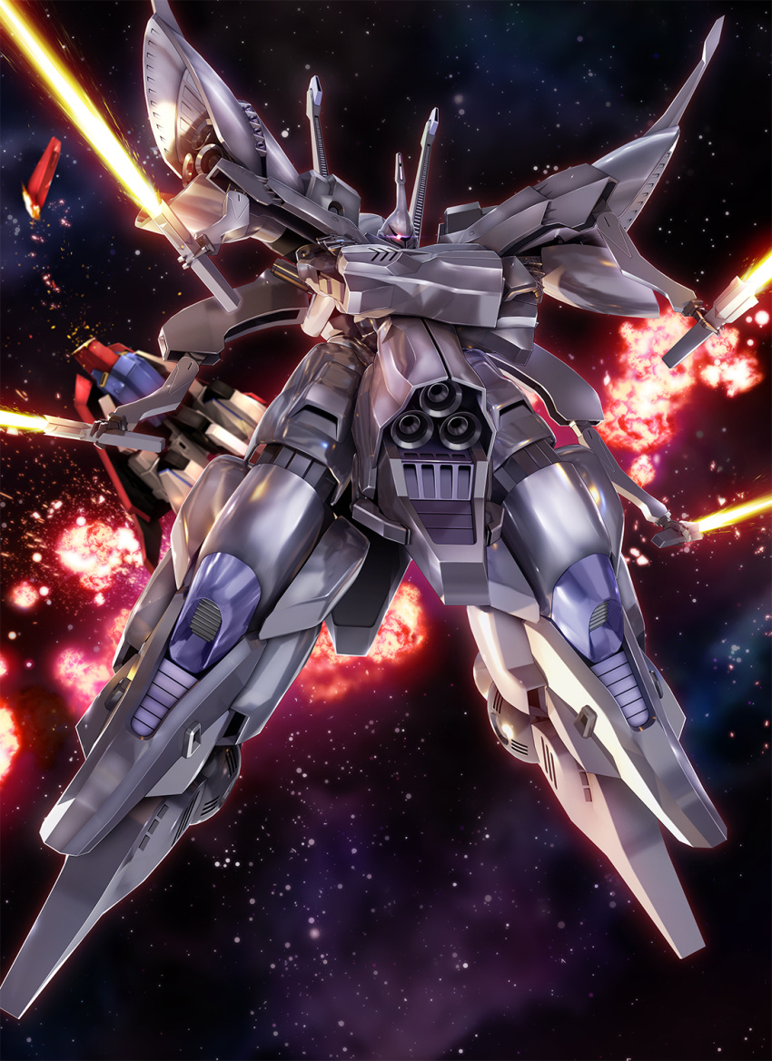 beam_saber explosion extra_arms glowing glowing_eye gundam highres holding holding_sword holding_weapon mecha mecha_focus mobile_suit no_humans purple_eyes robot science_fiction sd_gundam sd_gundam_g-generation solo_focus space sword titania_(mobile_suit) weapon zb_(dawn-blue) zeta_gundam zeta_gundam_(mobile_suit)