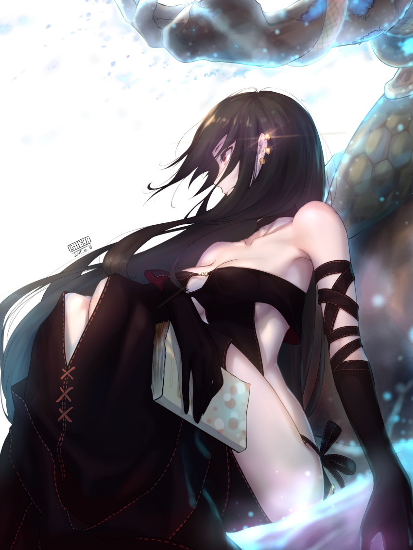 2019 bad_id bad_pixiv_id black_dress black_hair book breasts dabingdan dated dress ear_piercing elbow_gloves fate/grand_order fate_(series) female gloves highres knees_to_chest looking_away medium_breasts multiple_piercings piercing red_eyes revealing_clothes sideboob solo xiang_yu_(fate) yu_mei-ren_(fate)