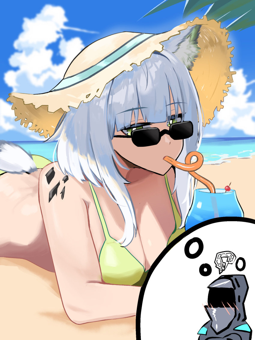 1other animal_ears arknights ass bare_shoulders beach bikini blue_sky blunt_bangs blush breasts bright_pupils cat_ears cat_girl cat_tail chibi cleavage cup day doctor_(arknights) drink drinking_glass drinking_straw female green_bikini green_eyes grey_hair hat highres kal'tsit_(arknights) large_breasts long_hair looking_at_viewer looking_over_eyewear lying mask material_growth on_ground on_stomach oripathy_lesion_(arknights) outdoors sidelocks sky straw_hat sunglasses sunlight swimsuit tail thought_bubble tofudofu white_tail yellow_headwear