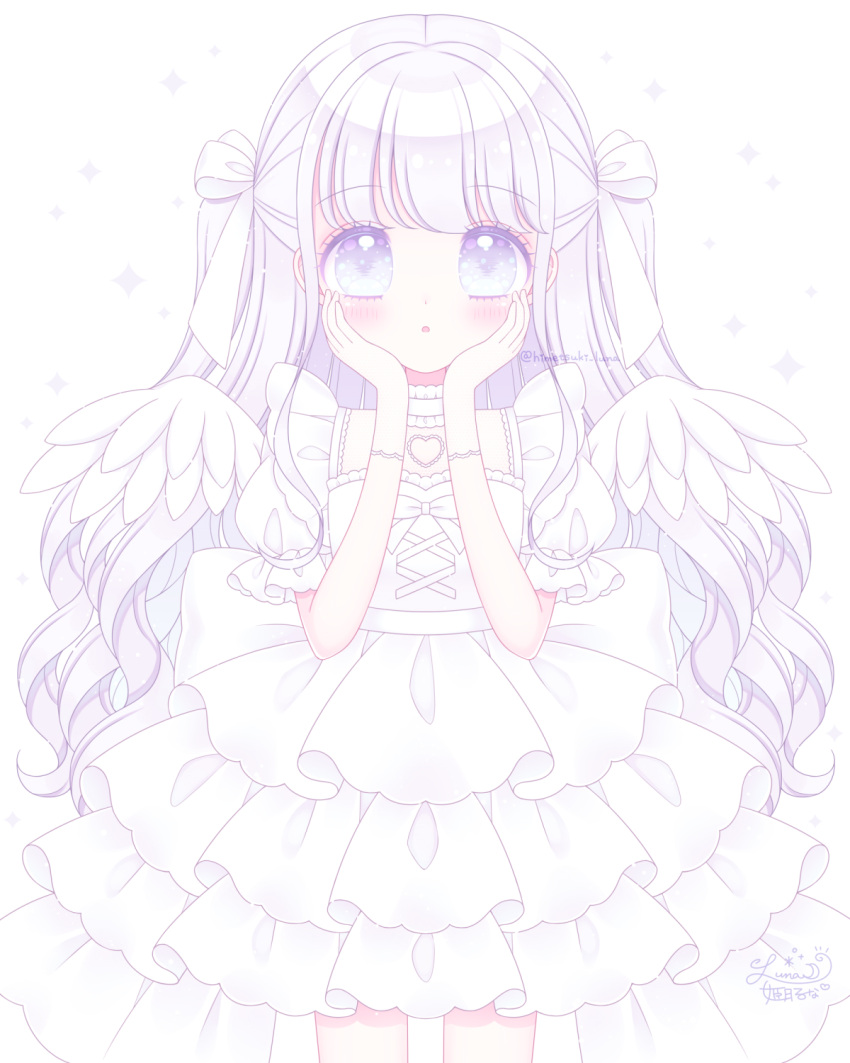 :o angel_wings blue_eyes blush commentary_request dress female hands_on_own_face hands_up highres himetsuki_luna layered_dress long_hair looking_at_viewer original parted_lips pleated_dress puffy_short_sleeves puffy_sleeves short_sleeves signature simple_background solo sparkle standing twitter_username two_side_up very_long_hair white_background white_dress white_hair white_wings wings