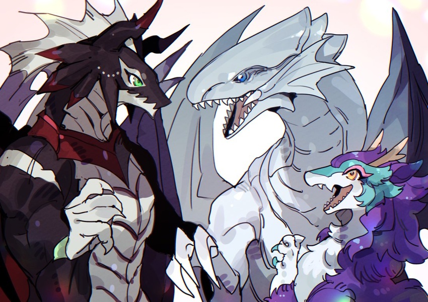 azaya_(kuroi_azaya) blue-eyes_white_dragon blue_eyes claws dragon dragonmaid_nudyarl dragonmaid_sheou duel_monster green_eyes no_humans open_mouth orange_eyes sharp_teeth teeth wings yu-gi-oh!