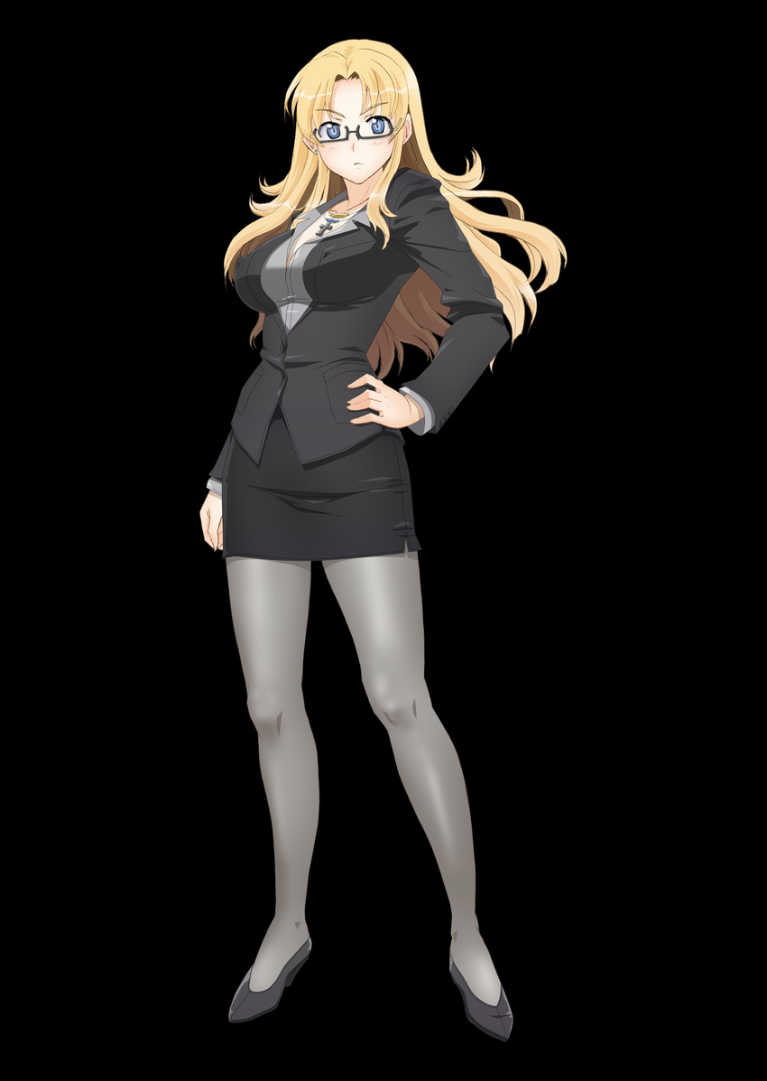 absurdres black_background blonde_hair blue_eyes blush breasts business_suit cross cross_necklace earrings feet female formal glasses hand_on_hip high_heels highres jewelry large_breasts legs long_hair looking_at_viewer nightmare_express pantyhose simple_background skirt solo standing suit thighs