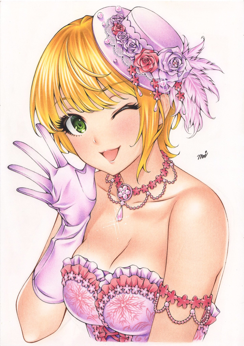 ;d bad_id bad_twitter_id blonde_hair breasts cleavage collarbone feather_hair_ornament feathers female gloves green_eyes hair_ornament hat highres idolmaster idolmaster_cinderella_girls inuono_mama jewelry medium_breasts miyamoto_frederica necklace one_eye_closed open_mouth pink_gloves pink_hat short_hair signature simple_background smile solo sparkle strapless upper_body white_background