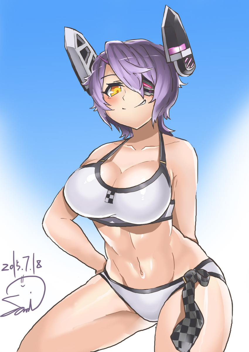 bikini breasts cleavage commentary_request dated eyepatch female headgear highres kantai_collection large_breasts photoshop_(medium) samidare_satsuki short_hair solo swimsuit tenryuu_(kancolle) tenryuu_(swimsuit_mode)_(kancolle) white_bikini yellow_eyes