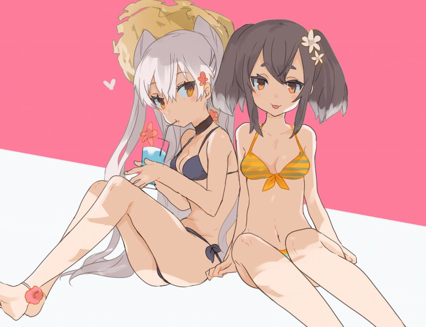 2girls :p agu amatsukaze_(kancolle) anklet bad_id bad_twitter_id barefoot bikini black_bikini black_hair breasts choker cleavage collarbone cup drinking drinking_glass drinking_straw flower front-tie_top grey_hair hair_flower hair_ornament halterneck heart holding jewelry kantai_collection knees_up long_hair looking_at_viewer multicolored_hair multiple_girls navel orange_eyes sitting small_breasts striped_bikini striped_clothes swimsuit tokitsukaze_(kancolle) tongue tongue_out twintails two-tone_hair two_side_up