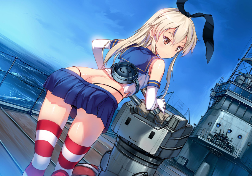 :< absurdres ass bad_id bad_twitter_id bent_over blonde_hair bow elbow_gloves female gloves hairbow highres hino_katsuhiko historical_name_connection kantai_collection long_hair military military_vehicle miniskirt name_connection object_namesake rensouhou-chan school_uniform serafuku shimakaze_(destroyer) shimakaze_(kancolle) ship skirt striped_clothes striped_thighhighs thighhighs vehicle_and_personification warship watercraft