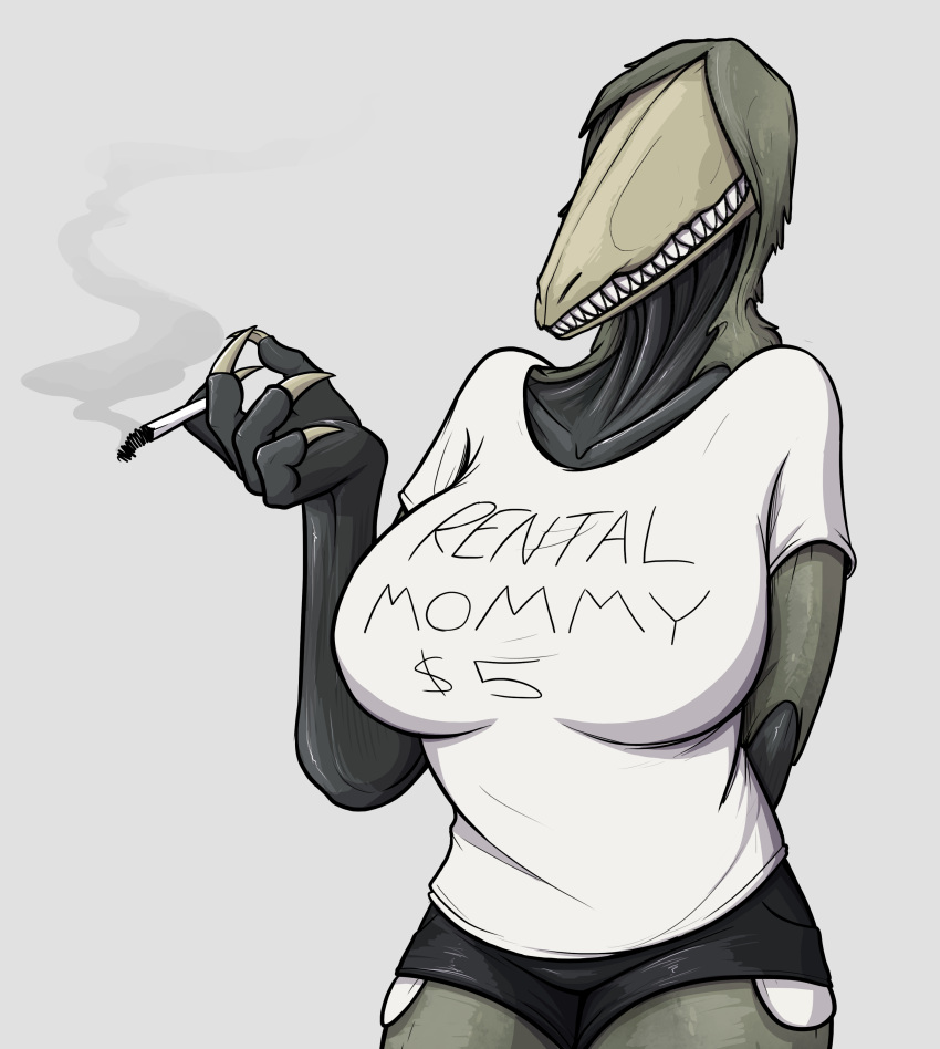 2019 5_fingers absurd_res anthro big_breasts black_bottomwear black_clothing black_shorts bottomwear breasts cigarette clothed clothing digital_media_(artwork) english_text eyeless female fingers grin hand_behind_back hi_res keadonger lizard meme meme_clothing non-mammal_breasts rental_mommy rental_mommy_shirt reptile rule_63 scalie scp-682 scp_foundation shirt shorts simple_background smile solo t-shirt teeth text text_on_clothing text_on_shirt text_on_topwear topwear white_background white_clothing white_shirt white_topwear