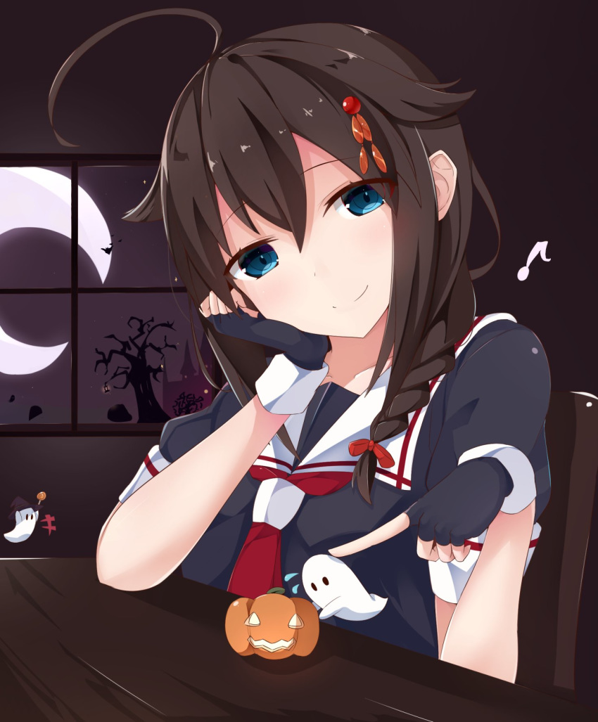 ahoge blue_eyes braid brown_hair commentary_request female fingerless_gloves gloves hair_between_eyes hair_flaps hair_ornament halloween highres kantai_collection long_hair looking_at_viewer shigure_(kancolle) shigure_kai_ni_(kancolle) single_braid smile solo yoriha_yashiro