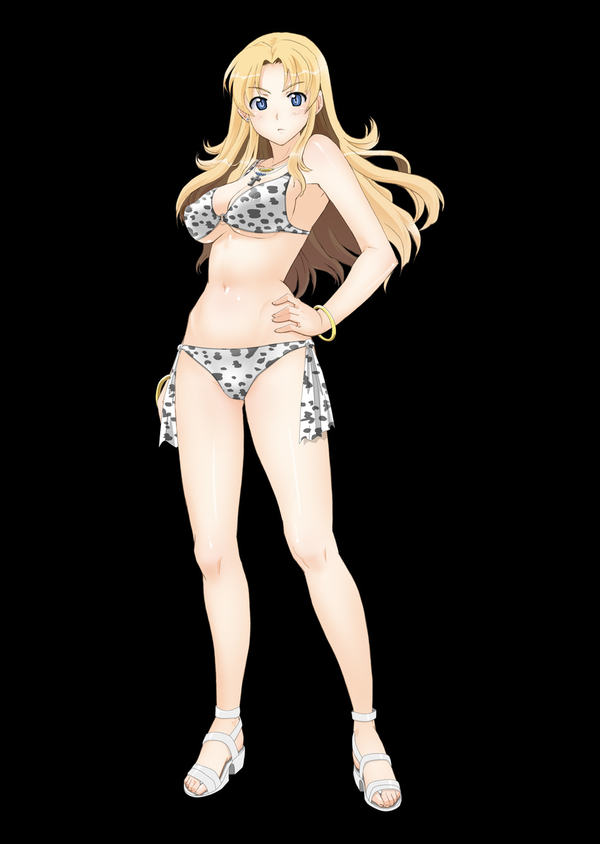 absurdres bare_shoulders bikini black_background blonde_hair blue_eyes blush bracelet breasts cross cross_necklace earrings feet female hand_on_hip highres jewelry large_breasts legs long_hair looking_at_viewer navel nightmare_express sandals simple_background solo standing swimsuit thighs toes