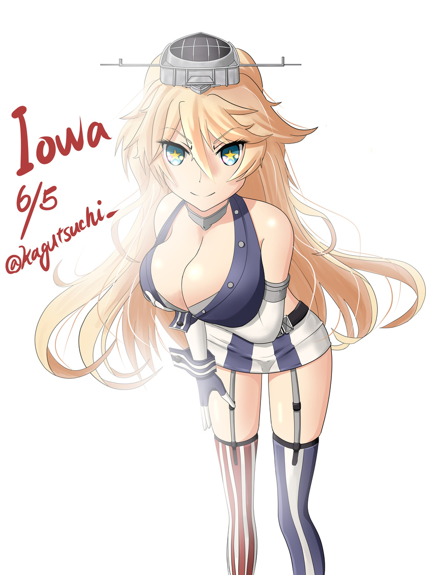 absurdres asymmetrical_legwear bent_over blonde_hair blue_eyes breasts character_name cleavage commentary_request dated elbow_gloves female foreshortening garter_straps gloves highres iowa_(kancolle) kagutsuchi_(victoragna) kantai_collection large_breasts long_hair miniskirt mismatched_legwear perspective skirt smile solo star-shaped_pupils star_(symbol) striped_clothes striped_skirt striped_thighhighs symbol-shaped_pupils thighhighs twitter_username vertical-striped_clothes vertical-striped_thighhighs