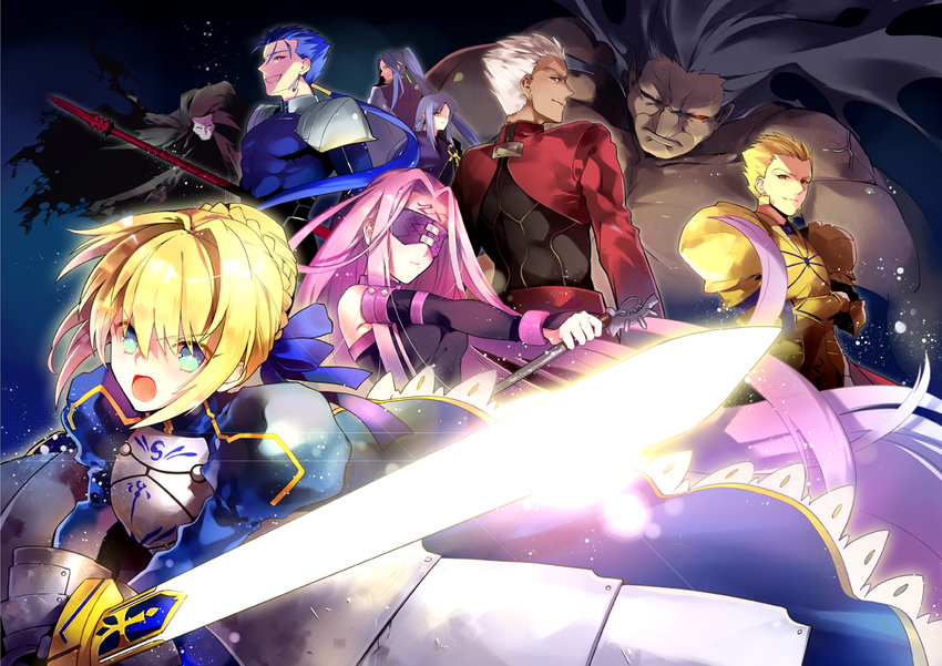 3girls 6+boys archer_(fate) armor artoria_pendragon_(fate) blonde_hair blue_hair commentary_request cu_chulainn_(fate) cu_chulainn_(fate/stay_night) excalibur_(fate/stay_night) fate/stay_night fate_(series) gae_bolg_(fate) gilgamesh_(fate) glowing glowing_sword glowing_weapon hassan_of_the_cursed_arm_(fate) heracles_(fate) medea_(fate) medusa_(fate) medusa_(rider)_(fate) momoayamo multiple_boys multiple_girls photoshop_(medium) polearm purple_hair saber_(fate) sasaki_kojirou_(fate) spear weapon white_hair