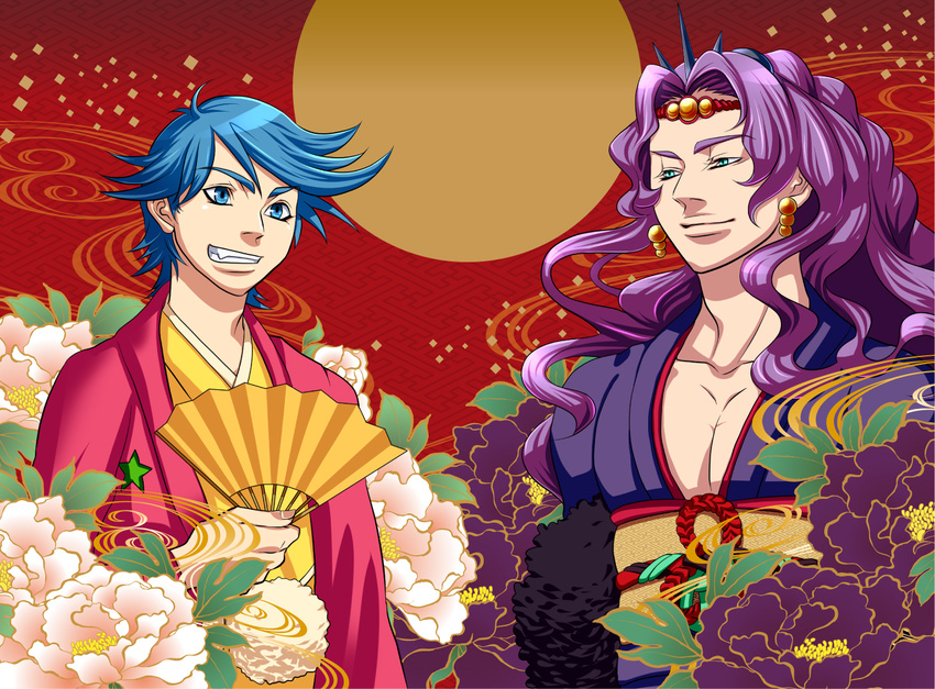 2boys blue_eyes blue_hair commentary_request earrings folding_fan foo-ri-gan full_moon grin hand_fan horns japanese_clothes jewelry jojo_no_kimyou_na_bouken jorge_joestar jouji_joestar kars_(jojo) kimono long_hair male_focus moon multiple_boys oerba_yun_fang purple_hair smile tiara