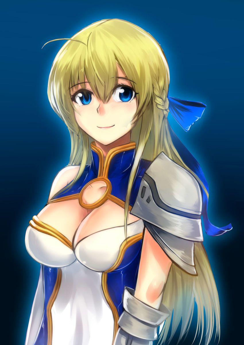 absurdres ahoge armor blonde_hair blue_eyes braid breasts cleavage cleavage_cutout clothing_cutout commentary female half_updo highres jeanne_kaguya_d'arc large_breasts long_hair nobunaga_the_fool ribbon smile solo swordwaltz