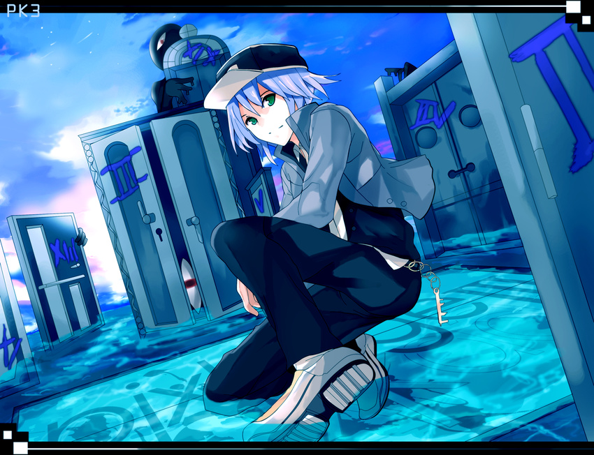 arao blue_hair green_eyes hat male pixiv_shadow short_hair water