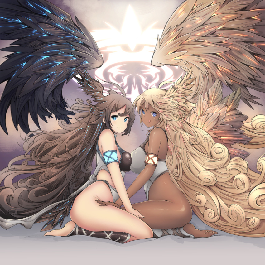 2girls :q ahoge angel armlet bare_shoulders barefoot blonde_hair blue_eyes blush breast_press breasts brown_hair commentary_request contrast curly_hair dark-skinned_female dark_skin dmt_(auburn) feathered_wings full_body granblue_fantasy halluel_(granblue_fantasy) head_wings highres large_breasts leotard long_hair looking_at_viewer malluel_(granblue_fantasy) multiple_girls seiza sitting smile symmetrical_docking symmetry thighs tongue tongue_out very_long_hair wings