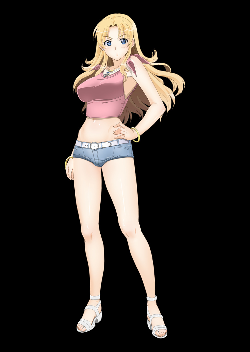 absurdres belt black_background blonde_hair blue_eyes blush bracelet breasts cross cross_necklace earrings feet female hand_on_hip highres jewelry large_breasts legs long_hair looking_at_viewer midriff nightmare_express sandals short_shorts shorts simple_background solo standing thighs toes