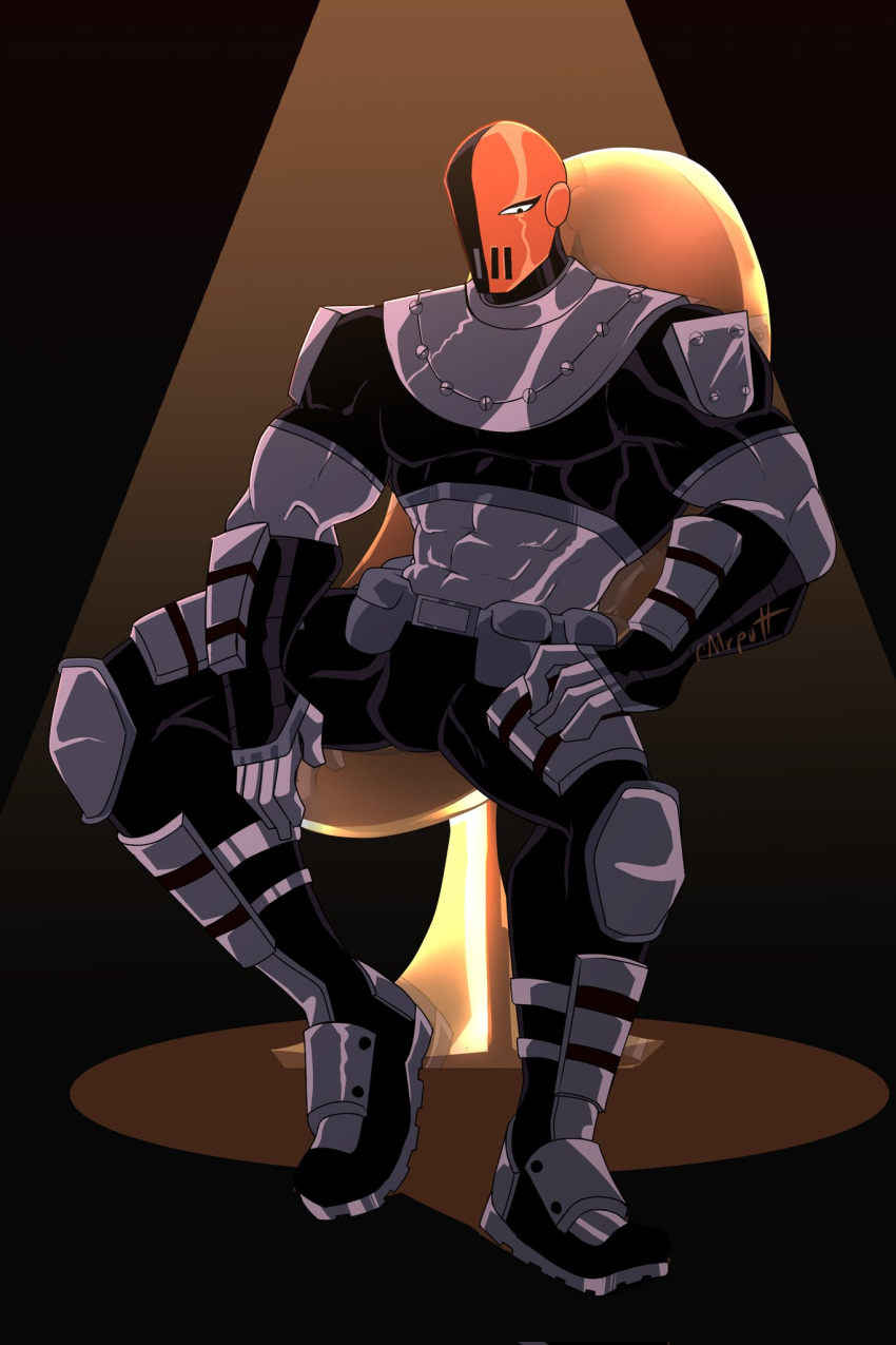 abs bulge dc deathstroke looking_at_viewer male male_only mrputt muscles muscular muscular_male pecs slade_wilson spread_legs teen_titans